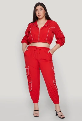 Womens Plus Drawstring Cargo Pocket Joggers, Red,