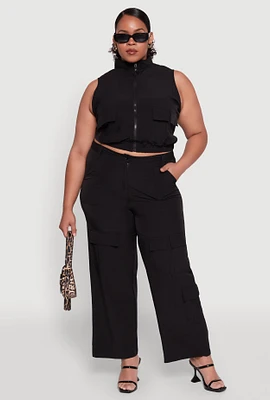 Womens Plus Size Wide Leg Cargo Pants, Black, Size 1X