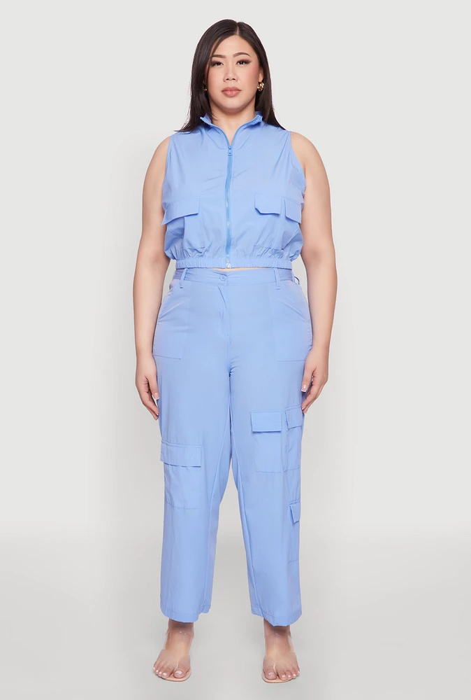 Womens Plus Size Wide Leg Cargo Pants, Blue, Size 2X