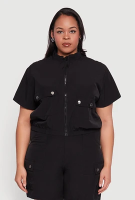 Womens Plus Nylon Utility Zip Up Top,