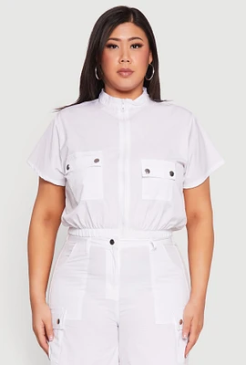 Womens Plus Size Nylon Utility Zip Up Top, White, Size 3X
