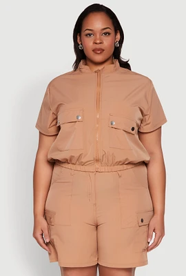 Womens Plus Nylon Utility Zip Up Top, Beige,