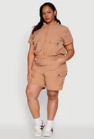 Womens Plus Nylon Utility Zip Up Top, Beige,