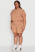 Womens Plus Nylon Utility Zip Up Top, Beige,