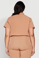 Womens Plus Nylon Utility Zip Up Top, Beige,