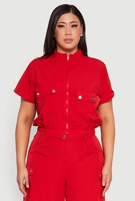 Womens Plus Size Nylon Utility Zip Up Top, Red, Size 2X