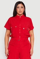 Womens Plus Size Nylon Utility Zip Up Top, Red, Size 2X