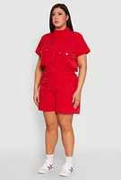 Womens Plus Size Nylon Utility Zip Up Top, Red, Size 2X