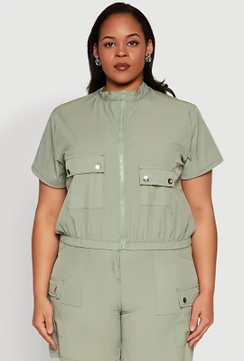 Womens Plus Size Nylon Utility Zip Up Top, Green, Size 2X