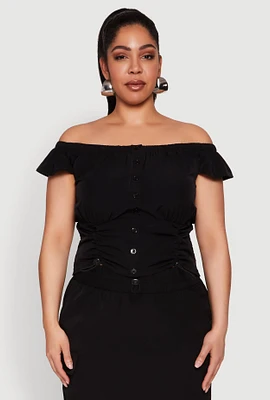 Womens Plus Size Nylon Drawstring Off the Shoulder Top, Black, Size 3X