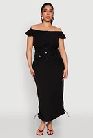 Womens Plus Nylon Drawstring Off the Shoulder Top, 2X