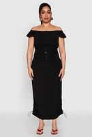 Womens Plus Size Nylon Drawstring Off the Shoulder Top, Black, Size 3X