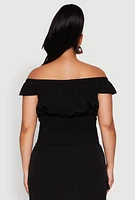Womens Plus Size Nylon Drawstring Off the Shoulder Top, Black, Size 3X
