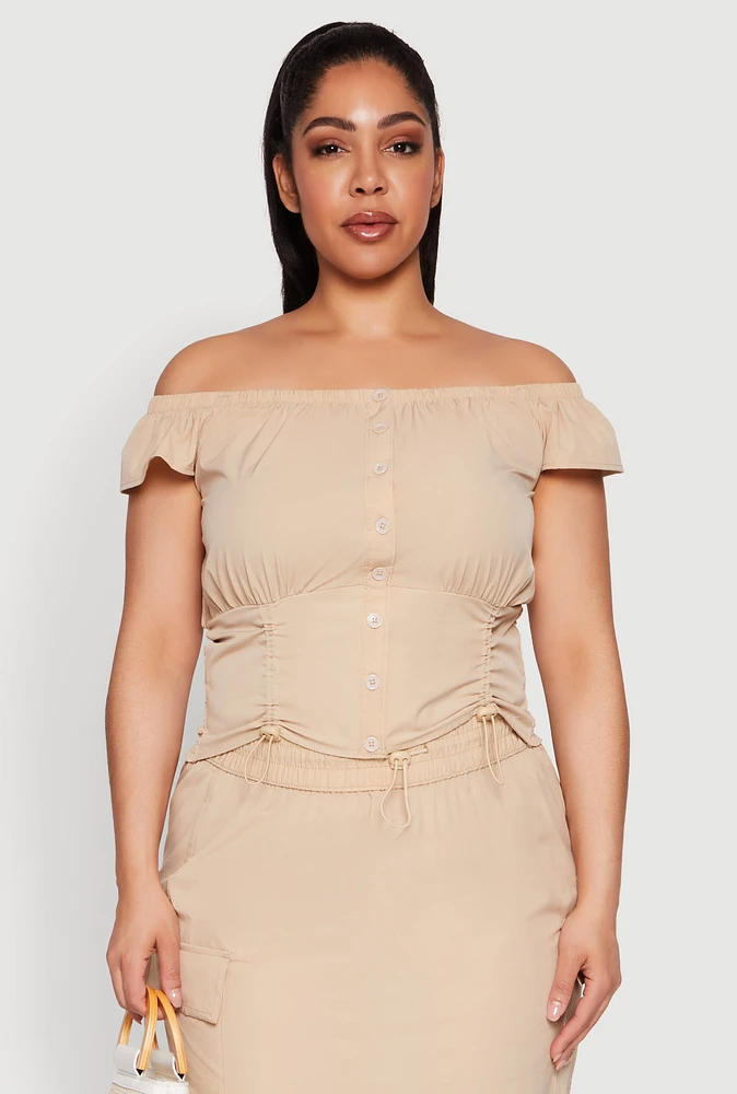 Womens Plus Size Nylon Drawstring Off the Shoulder Top, Beige, Size 1X