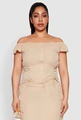 Womens Plus Size Nylon Drawstring Off the Shoulder Top, Beige, Size 1X