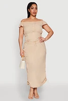 Womens Plus Size Nylon Drawstring Off the Shoulder Top, Beige, Size 1X