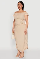 Womens Plus Size Nylon Drawstring Off the Shoulder Top, Beige, Size 1X