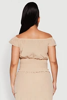 Womens Plus Size Nylon Drawstring Off the Shoulder Top, Beige, Size 1X