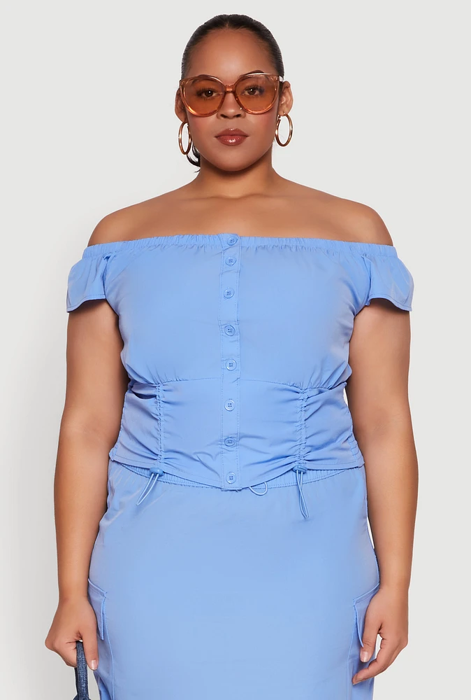 Womens Plus Nylon Drawstring Off the Shoulder Top,