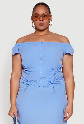 Womens Plus Nylon Drawstring Off the Shoulder Top,