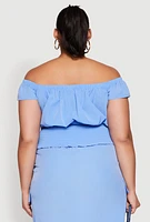 Womens Plus Nylon Drawstring Off the Shoulder Top,