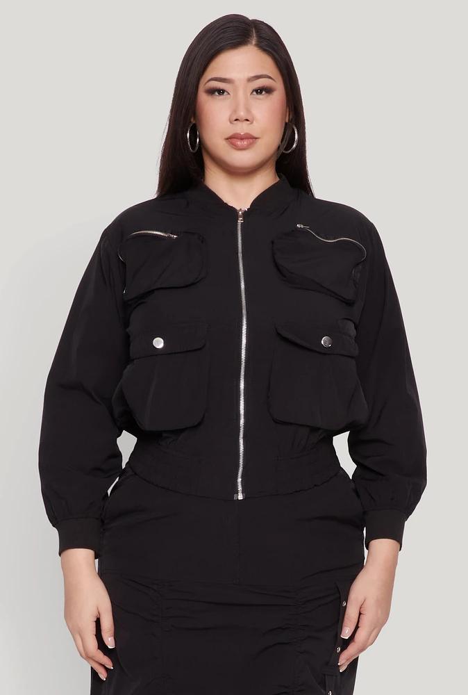 Womens Plus Size Cargo Pocket Windbreaker Bomber Jacket, Black, Size 3X
