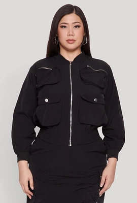 Womens Plus Size Cargo Pocket Windbreaker Bomber Jacket, Black, Size 3X
