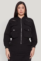 Womens Plus Size Cargo Pocket Windbreaker Bomber Jacket, Black, Size 3X
