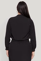 Womens Plus Size Cargo Pocket Windbreaker Bomber Jacket, Black, Size 3X