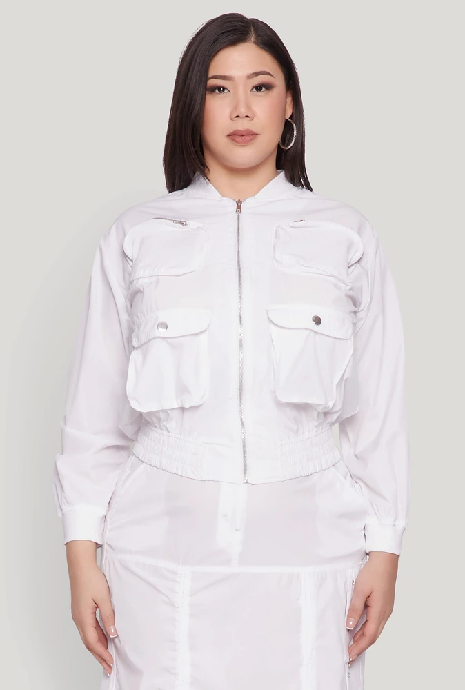 Womens Plus Size Cargo Pocket Windbreaker Bomber Jacket, White, Size 3X
