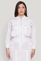 Womens Plus Size Cargo Pocket Windbreaker Bomber Jacket, White, Size 3X