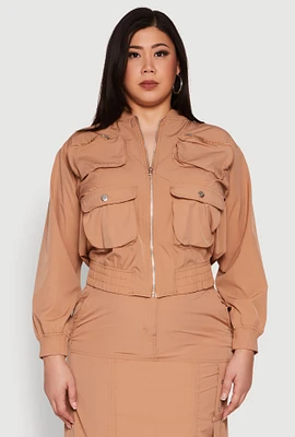Womens Plus Cargo Pocket Windbreaker Bomber Jacket, 1X