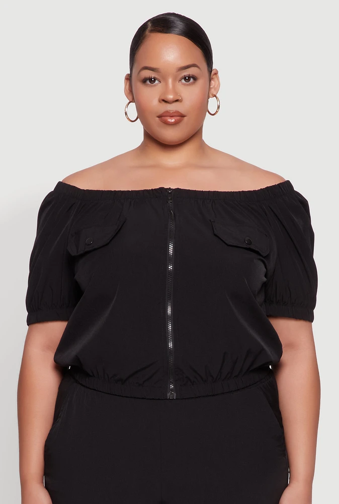 Womens Plus Size Off The Shoulder Zip Front Crop Top, Black, Size 3X
