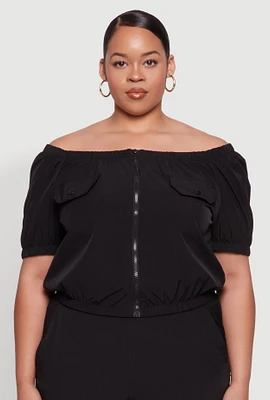 Womens Plus Size Off The Shoulder Zip Front Crop Top, Black, Size 3X