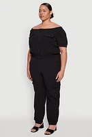 Womens Plus Size Off The Shoulder Zip Front Crop Top, Black, Size 3X