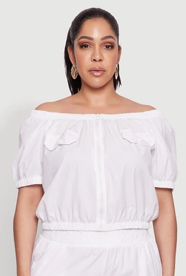 Womens Plus Size Off The Shoulder Zip Front Crop Top, White, Size 3X