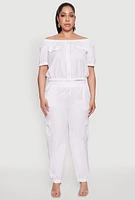 Womens Plus Size Off The Shoulder Zip Front Crop Top, White, Size 3X