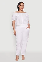 Womens Plus Size Off The Shoulder Zip Front Crop Top, White, Size 3X