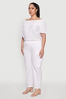 Womens Plus Size Off The Shoulder Zip Front Crop Top, White, Size 3X