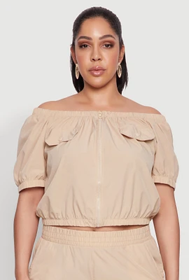 Womens Plus Off The Shoulder Zip Front Crop Top,