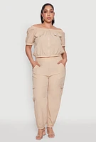 Womens Plus Off The Shoulder Zip Front Crop Top,