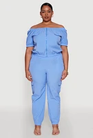 Womens Plus Size Off The Shoulder Zip Front Crop Top, Blue, Size 1X