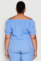 Womens Plus Size Off The Shoulder Zip Front Crop Top, Blue, Size 1X