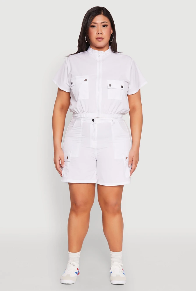 Womens Plus Size Nylon High Waist Cargo Shorts, White, Size 2X