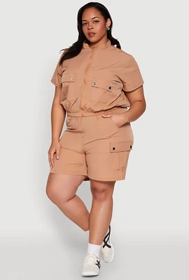 Womens Plus Size Nylon High Waist Cargo Shorts, Khaki, Size 3X