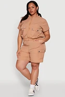 Womens Plus Size Nylon High Waist Cargo Shorts, Khaki, Size 3X