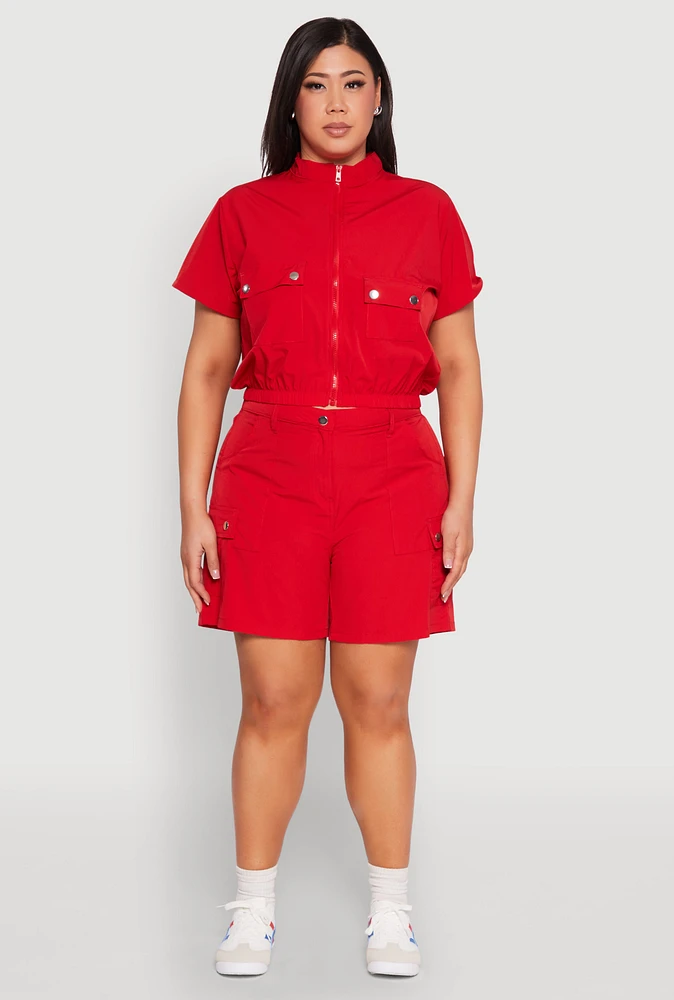 Womens Plus Size Nylon High Waist Cargo Shorts, Red, Size 1X