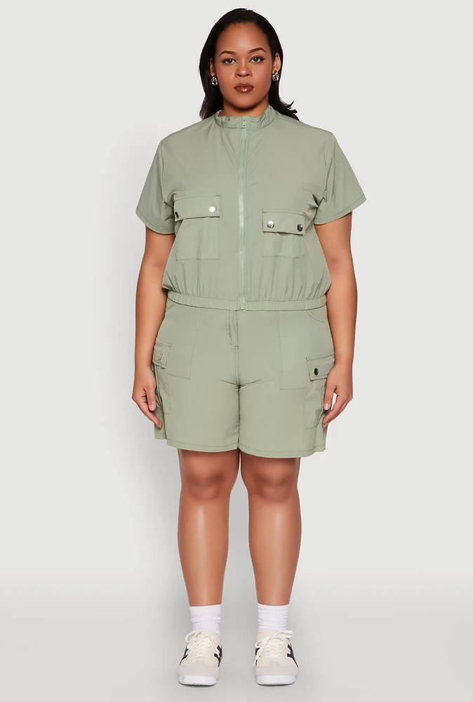 Womens Plus Size Nylon High Waist Cargo Shorts, Green, Size 3X