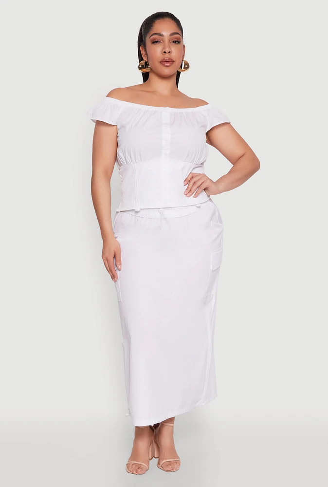 Womens Plus Size Nylon Drawstring Cargo Maxi Skirt, White, Size 2X