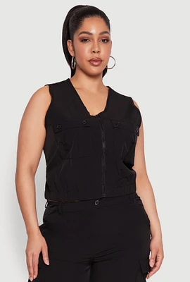 Womens Plus Zip Front Cargo Pocket Top,